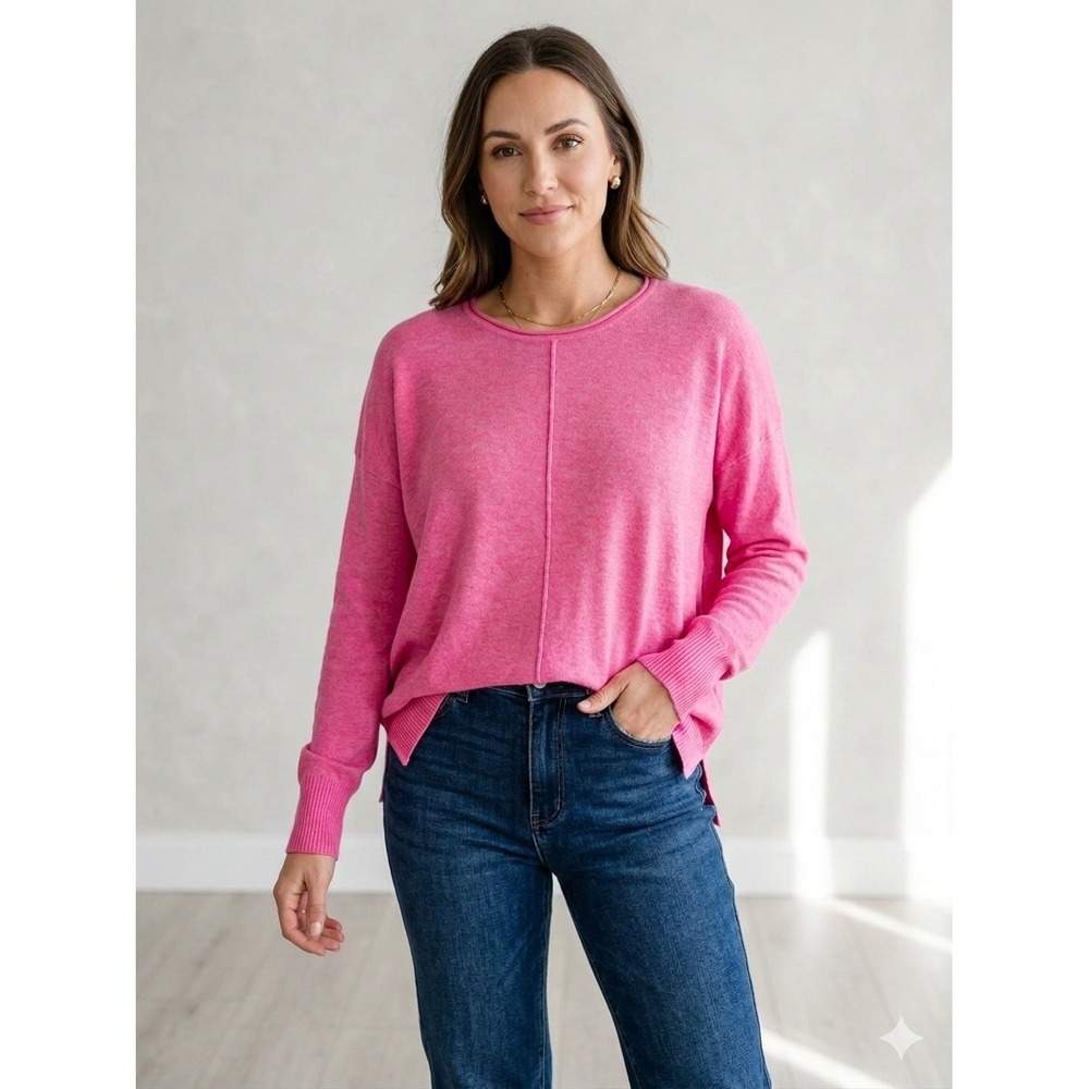 Zenana Women Pink Crew Neck Long Sleeve Sweater Viscose Blend Small